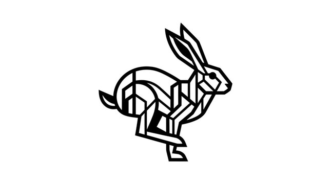 Minimalist geometric running hare line art logo illustration.