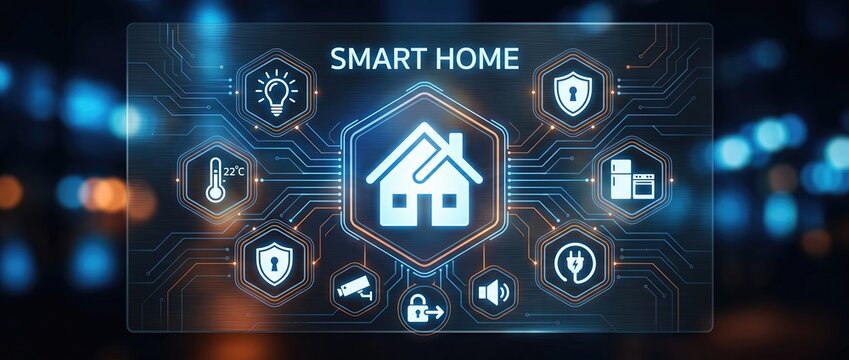 Innovative smart home technology featuring a digital interface showcasing icons that represent various home automation systems for an improved living experience