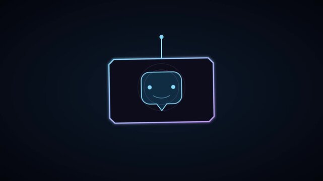 Neon robot head animation: digital artificial intelligence chatbot interface 4k