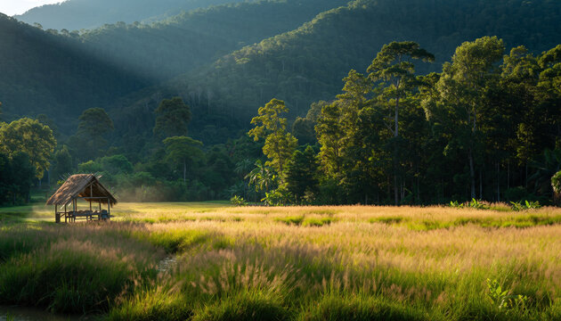 Lush green landscape with mountains, trees, and a small hut in the field.