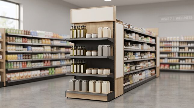 Retail end cap display mockup. Store shelf unit for product advertising and promotion.