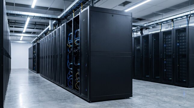 Modern server rack in data center. Professional IT infrastructure for cloud computing storage.