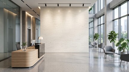 Corporate office reception wall mockup. Empty interior lobby with blank branding space. © HRT