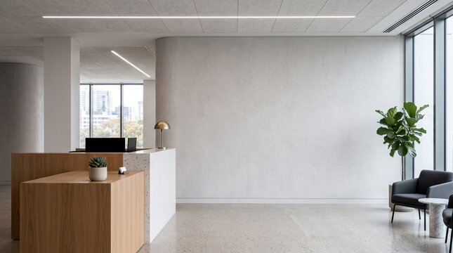 Modern office reception wall mockup. Blank interior lobby wall for corporate branding.