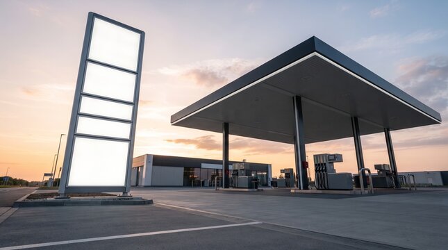 Blank fuel station pylon sign at sunrise. Empty gas station price board for branding.