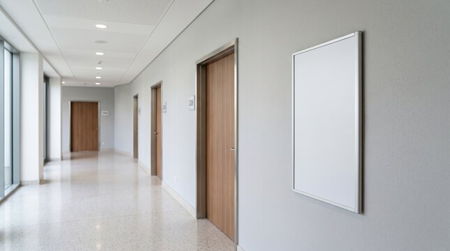 Modern hospital corridor with blank sign. Empty clinic hallway with copy space for text.