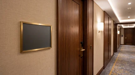 Fotobehang Hotel chique Luxury hotel door sign mockup. Blank signage frame on a modern hallway wall.  © HRT