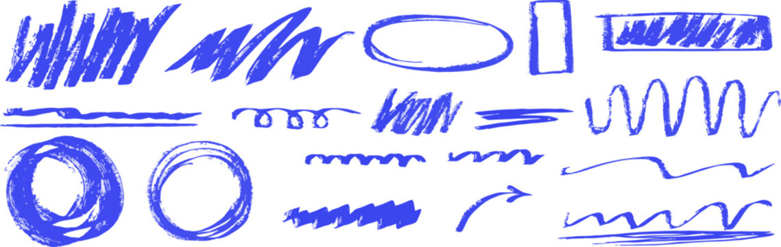 Hand drawn scribble brush stroke line set blue vector doodle circle oval rectangle arrow underline highlight mark abstract shape graphic sign collection isolated transparent background