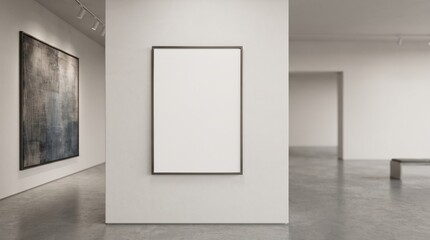Blank museum information panel mockup. Empty vertical poster frame in a modern art gallery. © Hrtec