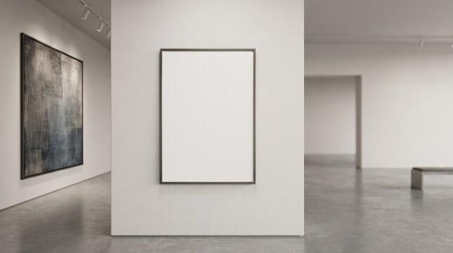 Blank museum information panel mockup. Empty vertical poster frame in a modern art gallery.