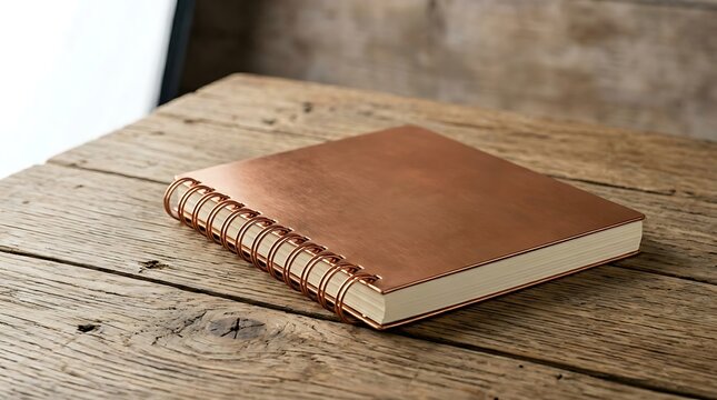 Brown Leather Spiral Notebook Sitting Closed on a Rustic Wooden Table Surface