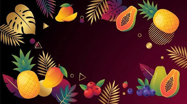 Colorful tropical fruit border on dark maroon background.