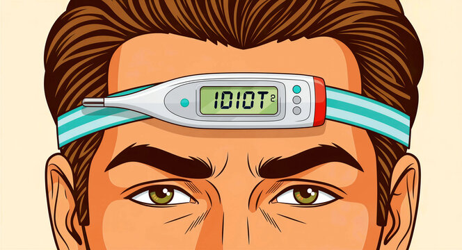 Illustration of man with forehead thermometer displaying a sarcastic insult. Comic style graphic showing the word idiot on screen. Humorous satire concept for mental health and social commentary.