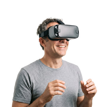 portrait of a young man, Smiling man with VR headset, png