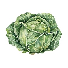 Fototapeta premium Green cabbage head illustration. Realistic watercolor botanical vegetable art.