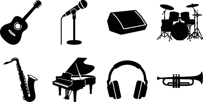 Musical Instruments and Audio Equipment Icon Set Featuring Black Silhouette Vectors Isolated on White