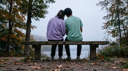 Fototapeta premium Young couple sitting together on a wooden bench by a misty autumn lake.