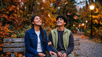 Fototapeta premium Happy young Hispanic couple sitting on a park bench looking at falling autumn leaves.