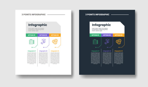 3 points step infographic with tab column table and card panel layout with dark and light color mode set with outline style flat vector