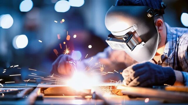 Professional welder working with sparks in industrial workshop, metal fabrication and manufacturing process with protective equipment in horizontal video format