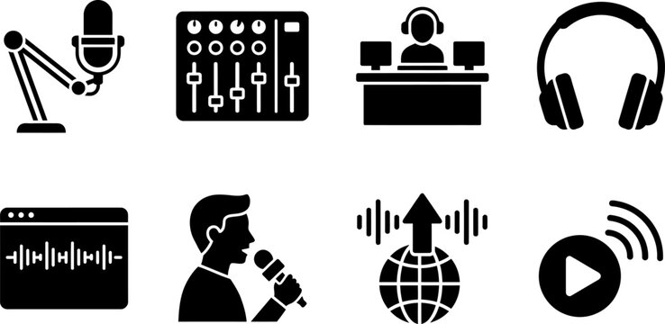 Radio broadcasting and podcast production equipment vector black silhouette icon set isolated on white background