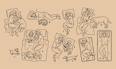 Minimalist line art sleeping positions set, people and pets in bed vector illustration, hand drawn sleep habits and nighttime poses collection