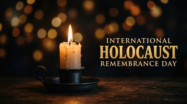 A burning candle on a dark background with text for international holocaust remembrance day commemoration