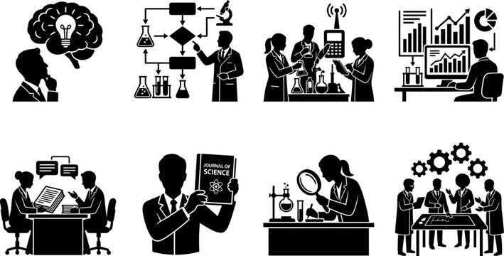 Scientific Research Process Silhouette Icon Set with Data Analysis Experiment and Peer Review
