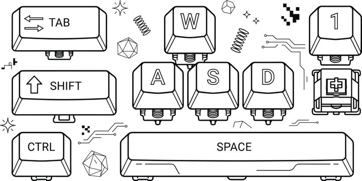 Line Art Mechanical Keyboard Keycaps Vector Icon Set Featuring WASD Space Tab Shift Control Keys and Switches for Gaming and Technology Designs