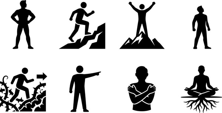 Self confidence personal empowerment and inner strength icon set with overcoming fear and motivation concepts