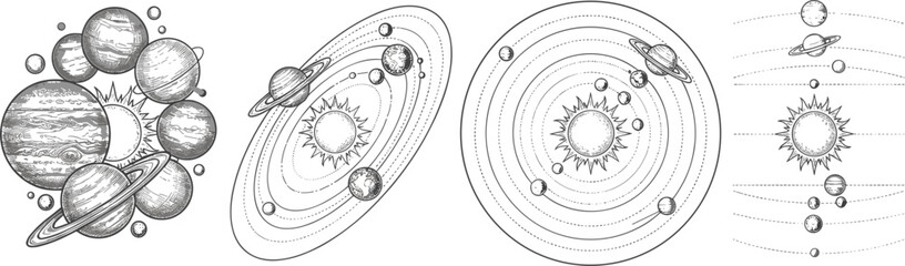 Vintage Solar System Vector Diagram Collection with Sun Planets Orbits and Astronomical Schematics in Retro Woodcut Engraving Sketch Style for Educational Designs © Bijoy
