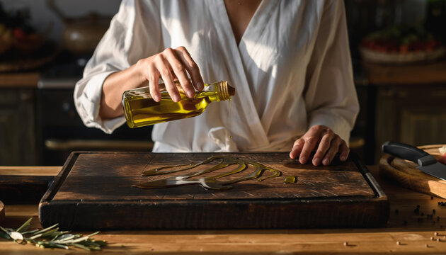 Person pouring olive oil onto a wooden cutting board in a kitchen.