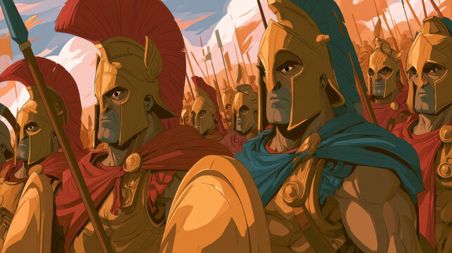 Ancient Greek Trojan Spartan warriors army marching in battle bronze armor helmets shields spears comic book graphic novel illustration concept historical epic war scene artwork wallpaper banner