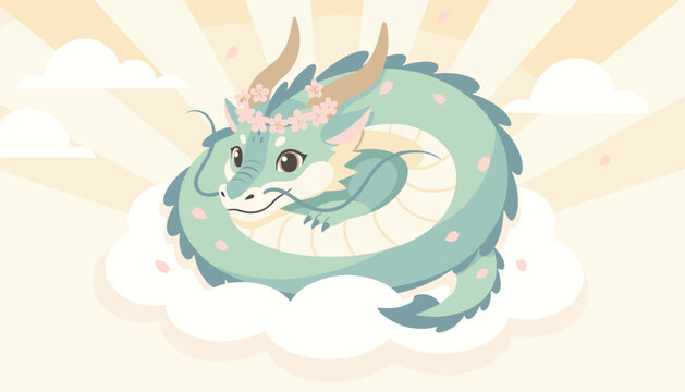 Cute pastel green dragon wearing a cherry blossom crown, curled up and sleeping peacefully on a fluffy white cloud.