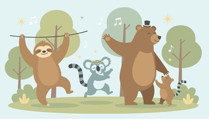 Obraz premium Group of happy woodland animals including a sloth, koala, and bears dancing and listening to music in the forest.