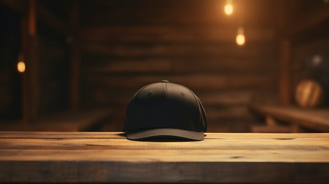 A photo of a black cap on a wooden table.