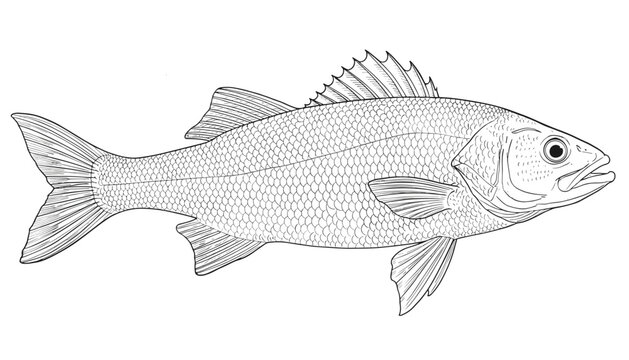 Detailed hand-drawn sketch of a sea bass fish showing intricate scale patterns and fin details on a clean white background.