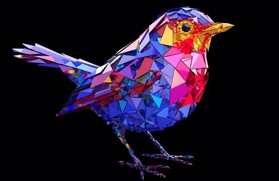 Colorful pixelated robin bird standing on one leg with wings spread