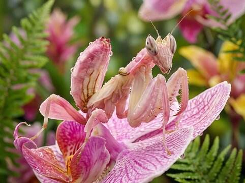 Orchid mantis camouflaged on a blooming pink flower with dew drops