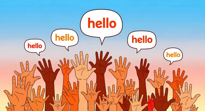 Diverse group of hands reaching up with hello speech bubbles. Illustration featuring multicultural hands against a gradient sky background. Global communication and community inclusion concept.