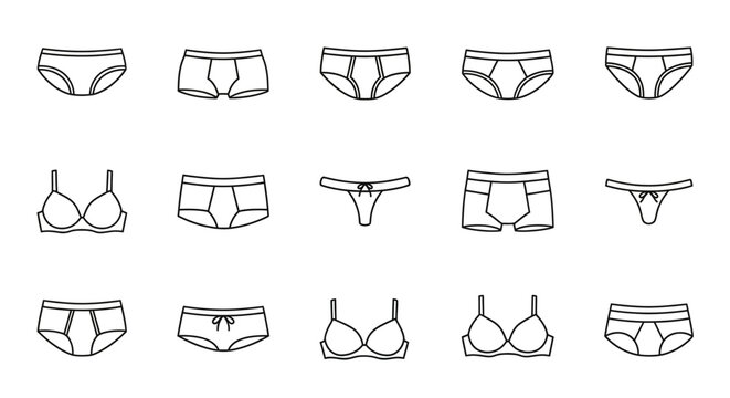 Set of underwear and lingerie line art icons including bras panties briefs and boxers.