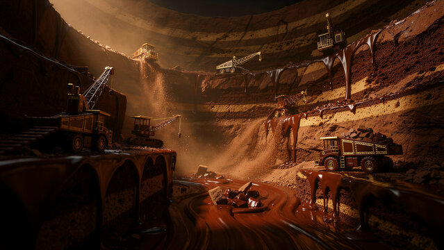 Miniature construction vehicles mining layers of chocolate cake and liquid cocoa in a surreal landscape. Detailed dump trucks excavate rich dessert textures. Creative confectionery industry concept.