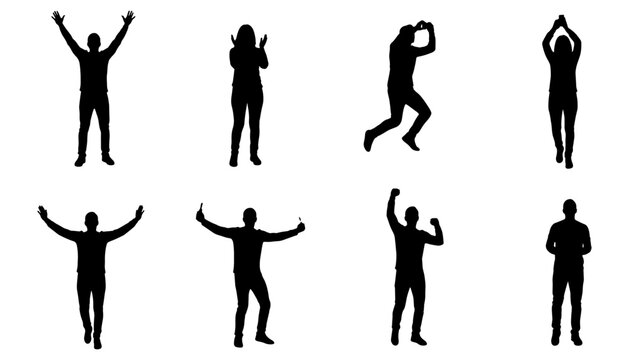Collection of black silhouettes featuring happy people celebrating, cheering, clapping, jumping, and expressing positive emotions. Perfect for events, marketing, social media, presentations
