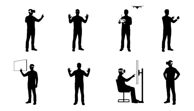 Collection of black silhouettes featuring people using virtual reality headsets, interacting with digital environments, and controlling drones. Perfect for VR, AR, metaverse, gaming, technology