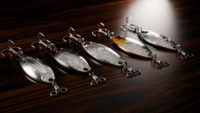 Variety of metallic fishing spoons lined up on a dark wooden surface. Shiny engraved lures with sharp treble hooks for angling. Fishing gear concept for equipment marketing and hobby promotions.