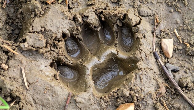Fresh Animal Paw Print Impressed in Wet Mud on Natural Ground