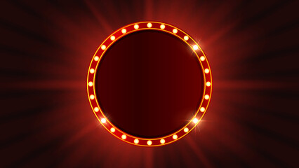 Round Retro Light Bulb Sign Frame Vector with Glowing Marquee Circle Border for Vintage Cinema Carnival and Advertising Display © Jer