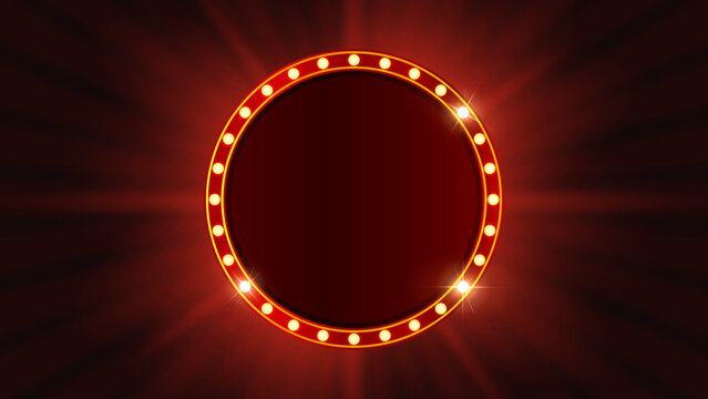 Round Retro Light Bulb Sign Frame Vector with Glowing Marquee Circle Border for Vintage Cinema Carnival and Advertising Display