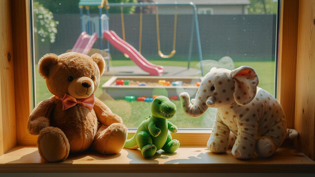 Plush teddy bear, dinosaur, and elephant toys on a windowsill. A sunny backyard playground is visible through the window. Childhood play concept, ideal for nursery decor marketing.
