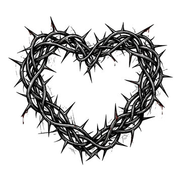 Heart shape made of sharp thorny branches isolated on transparent background for dark romantic design projects